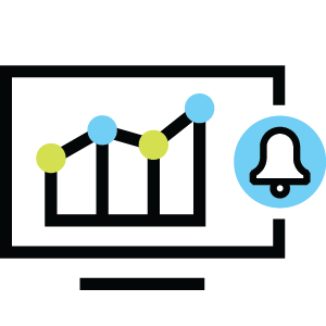 Computer monitor displaying analytics chart with notification bell alert icon