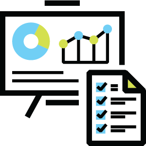 Analytics and reporting dashboard icon with charts, graphs, and checklist elements