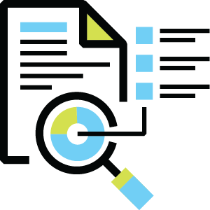 Analytics and reporting icon with document, pie chart, and magnifying glass