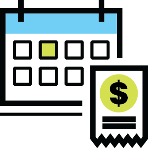 Calendar icon with dollar sign receipt representing billing schedules and payment tracking