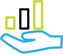 IT budget planning icon showing hand holding ascending bar chart