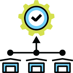Multi warehouse management system icon with gear, clock, and connected warehouses
