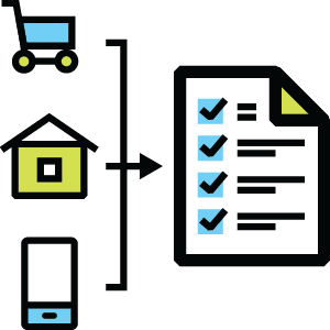 Multichannel retail icons showing shopping cart, house, mobile phone connecting to checklist document