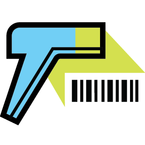 Blue and yellow RF barcode scanner icon with black stripes