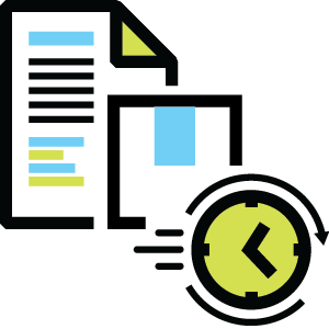 Documents with clock icon representing rapid deployment and quick implementation process