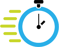 Blue stopwatch icon with yellow speed lines indicating rapid deployment