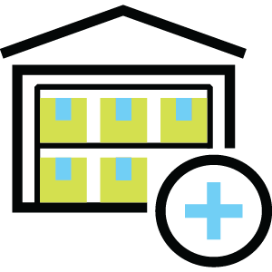 Warehouse building icon with plus symbol for replenishing inventory stock