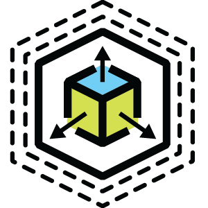 Scalability icon with 3D cube and arrows inside layered hexagonal frames