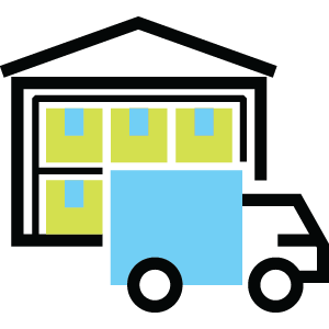 Blue delivery truck icon in front of warehouse with yellow storage areas