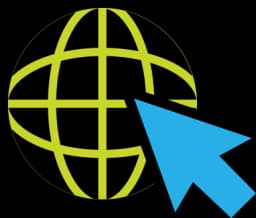 Globe icon with grid lines and blue arrow cursor representing global secure connectivity