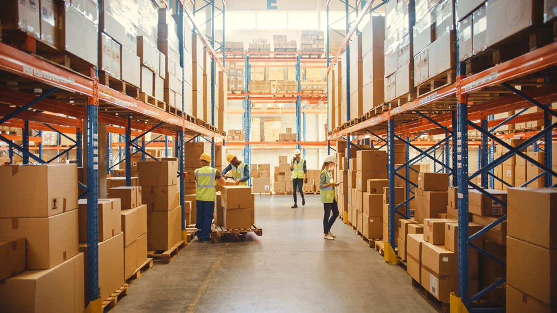 Warehouse workers in safety vests managing inventory among tall storage shelving racks