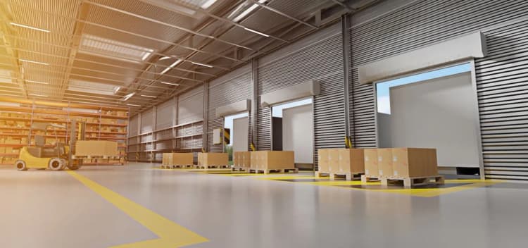 warehouse dock with a forklift carrying a pallet of boxes