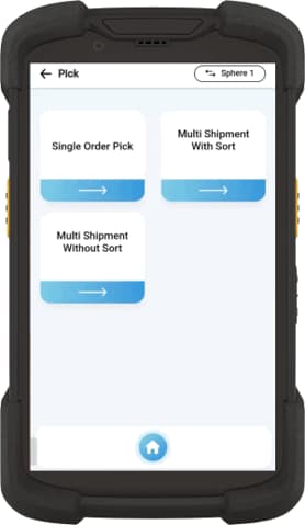 Mobile warehouse app interface showing three outbound picking options with blue buttons