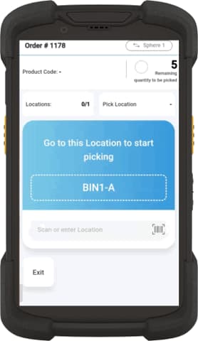 Mobile warehouse picking app interface showing order details and bin location BIN1-A