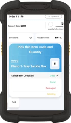 Mobile warehouse picking app interface showing item code 2222 tackle box selection screen