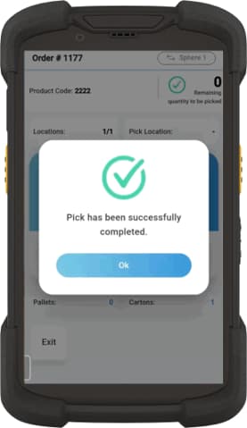 Mobile warehouse scanner showing successful pick completion confirmation with green checkmark