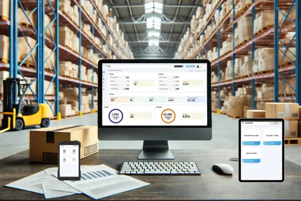 Modern warehouse management system dashboard displayed on computer monitor and tablet in distribution center