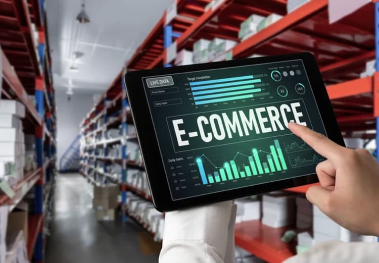 Tablet displaying e-commerce analytics dashboard in modern warehouse fulfillment center