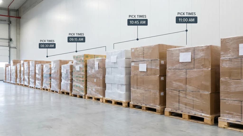 row of pallets of items with an overlay of pick times