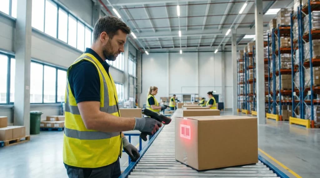 warehouse worker holding a scanner with a box on a conveyor belt