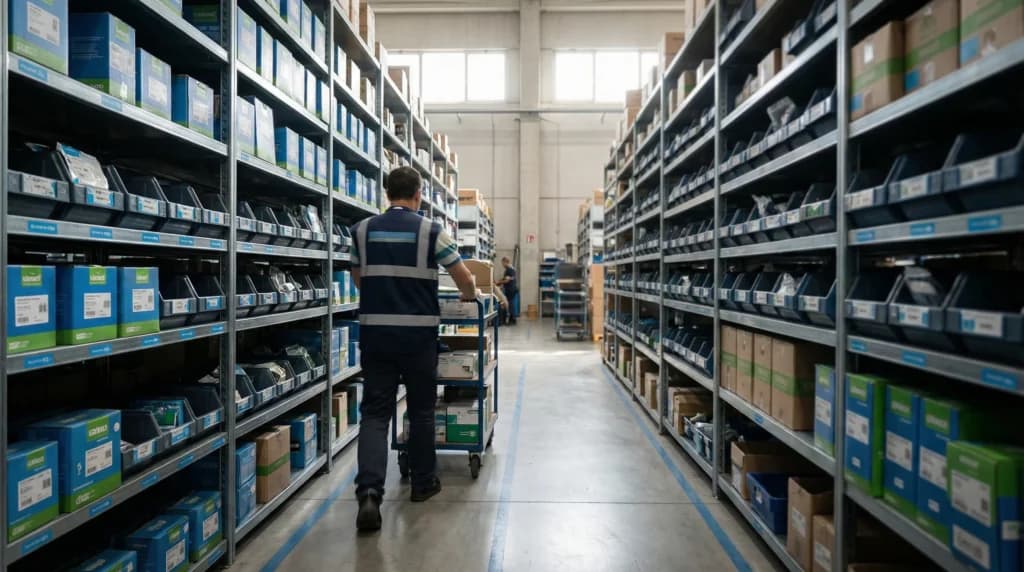 Warehouse aisle with organized shelves