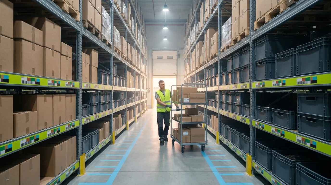 Worker pushing cart in aisle, warehouse labor management system