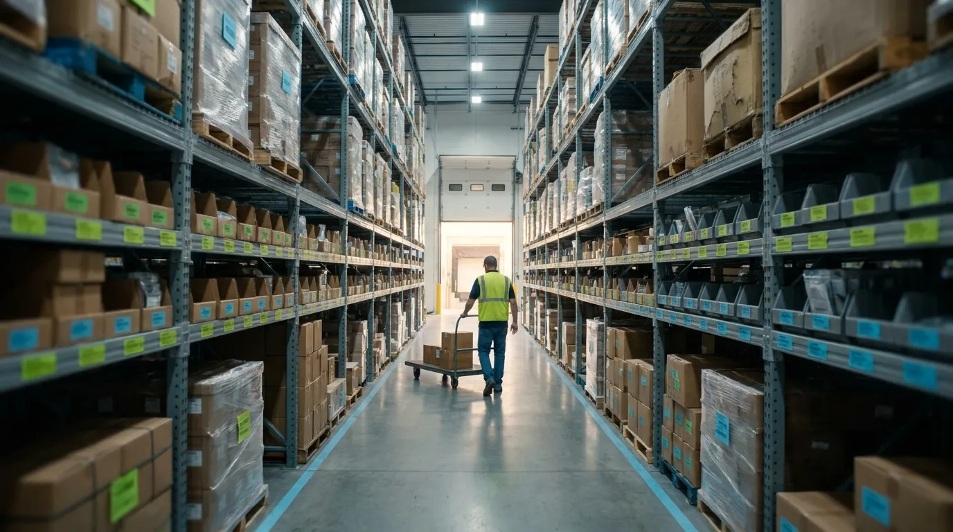 Warehouse aisle where teams sell excess inventory, liquidate inventory