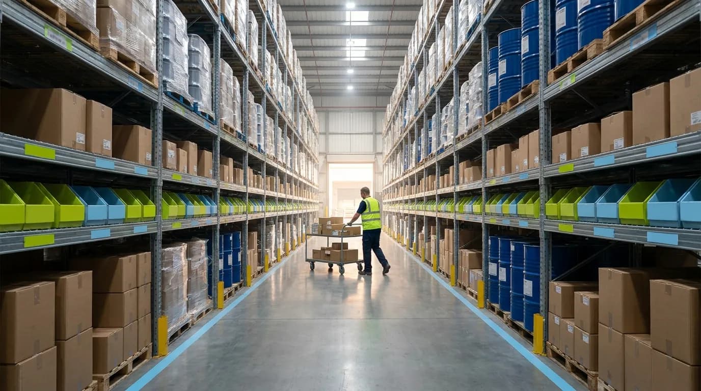 What is lot number: labeled cartons in warehouse aisle